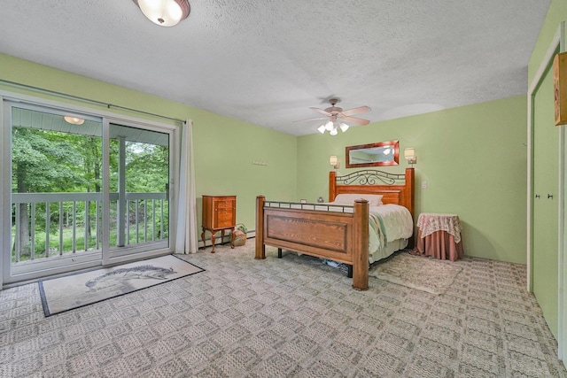 4301B W Sanborn Rd, Lake City, MI 49651 - bedroom featuring access to outside, carpet, a textured ceiling, and a ceiling fan