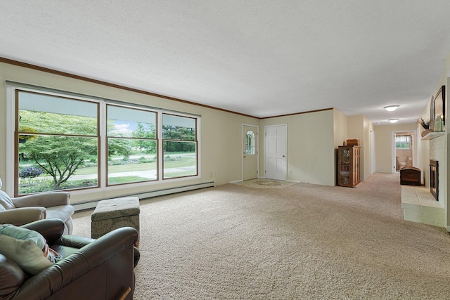 4301B W Sanborn Rd, Lake City, MI 49651 - carpeted living room featuring a brick fireplace, ornamental molding, a baseboard heating unit, and a textured ceiling