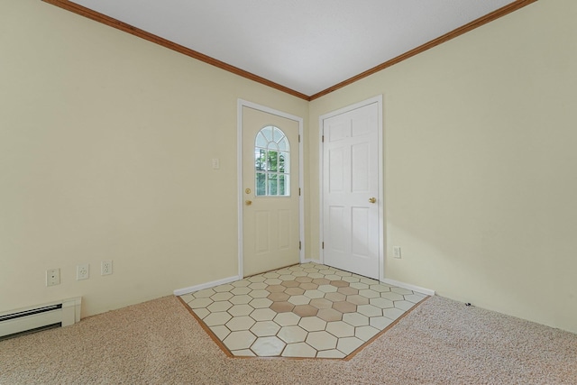 4301B W Sanborn Rd, Lake City, MI 49651 - entryway with a baseboard radiator, light carpet, and crown molding