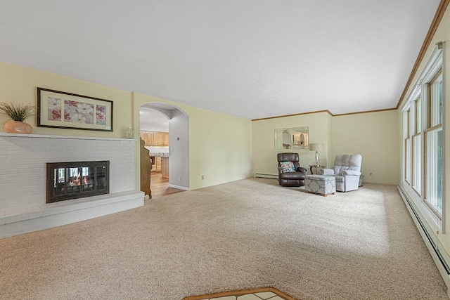4301B W Sanborn Rd, Lake City, MI 49651 - carpeted living area with a baseboard heating unit, arched walkways, and a fireplace