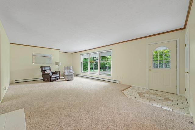 4301B W Sanborn Rd, Lake City, MI 49651 - carpeted foyer entrance featuring a baseboard heating unit, crown molding, plenty of natural light, and tile patterned flooring