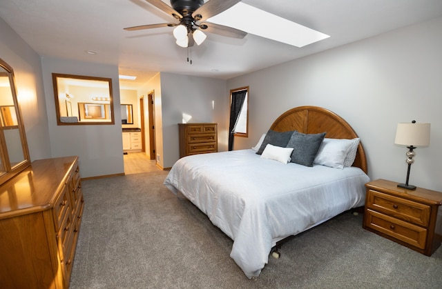 5825 Saddle Club Dr, Kalamazoo, MI 49009 - carpeted bedroom featuring a skylight, ensuite bathroom, and a ceiling fan