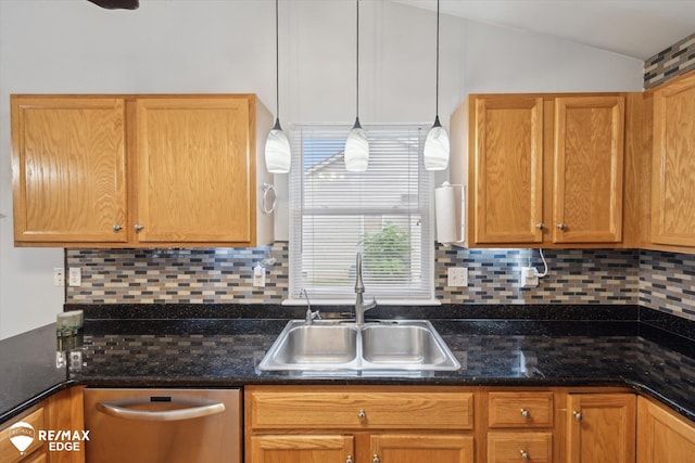 11419 Autumn Breeze Trl, Clio, MI 48420 - kitchen featuring dishwasher, decorative backsplash, lofted ceiling, pendant lighting, and dark stone countertops