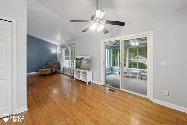 11419 Autumn Breeze Trl, Clio, MI 48420 - unfurnished room with a ceiling fan, wood finished floors, and lofted ceiling