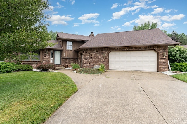 4918 Frontier Ln, Saginaw, MI 48603 - view of front of home featuring brick siding, driveway, a front lawn, an attached garage, and roof with shingles
