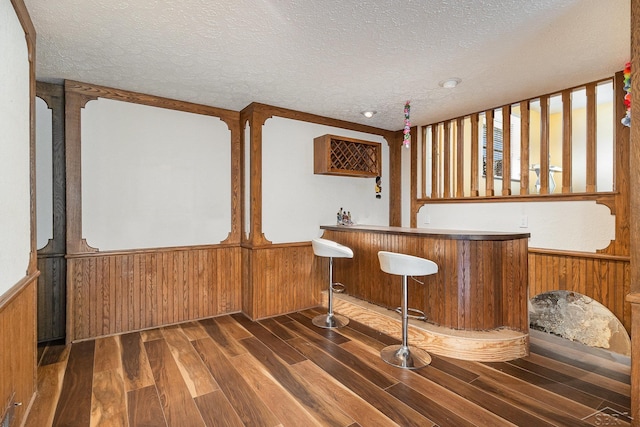 4918 Frontier Ln, Saginaw, MI 48603 - indoor wet bar featuring wood finished floors, a textured ceiling, wood walls, and wainscoting