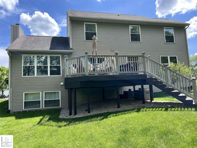 1306 Rosalie Dr, Fenton, MI 48430 - back of property with a yard, a wooden deck, a chimney, and stairs