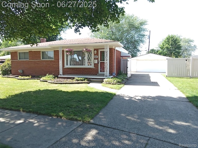 8283 Christine St, Warren, MI 48093 - view of front of property with brick siding, an outdoor structure, a detached garage, and a chimney