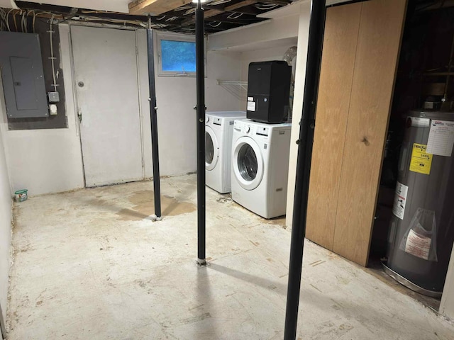 57993 Oak Park Rd, Three Rivers, MI 49093 - unfinished below grade area with electric water heater, electric panel, and washer and clothes dryer