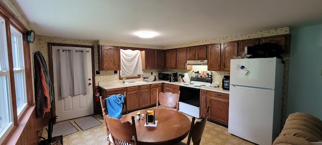 8867 W Garfield Rd, Shelby, MI 49455 - kitchen with white appliances, under cabinet range hood, light flooring, light countertops, and plenty of natural light