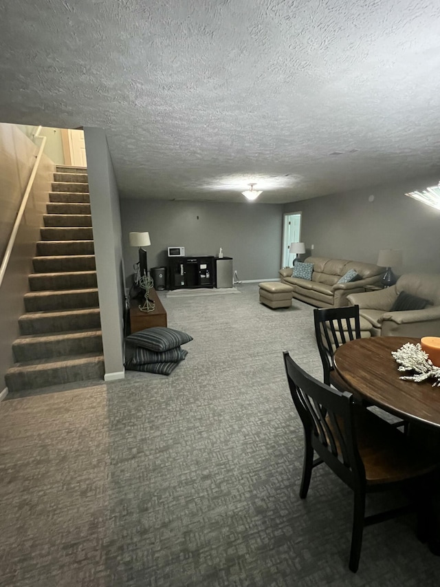 5437 Grand River Dr NE, Grand Rapids, MI 49525 - carpeted living area with stairs and a textured ceiling