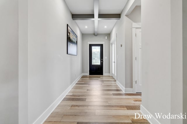 8205 Autumn Acres Dr, Rockford, MI 49341 - doorway with light wood-style flooring, recessed lighting, and beamed ceiling