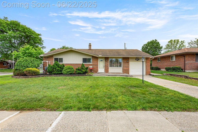 33911 Pawnee St, Westland, MI 48185 - single story home featuring an attached garage, brick siding, a chimney, driveway, and a front lawn