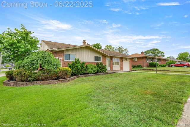 33911 Pawnee St, Westland, MI 48185 - ranch-style house featuring brick siding, a garage, a front yard, and a chimney