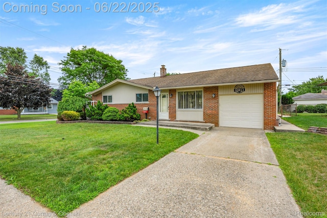 33911 Pawnee St, Westland, MI 48185 - ranch-style home featuring brick siding, a garage, driveway, and a front lawn