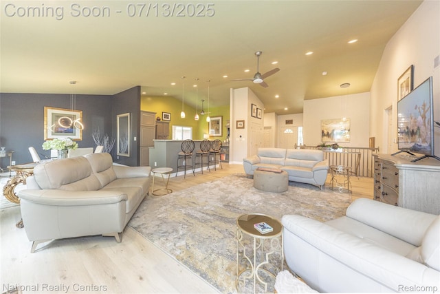 285 Ash Ct, South Lyon, MI 48178 - living room featuring ceiling fan, light wood-type flooring, recessed lighting, and vaulted ceiling