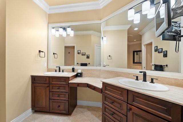 1431 Edgemoor Ave, Kalamazoo, MI 49008 - bathroom with crown molding, vanity, tile patterned flooring, and recessed lighting