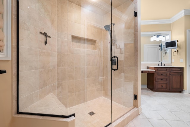 1431 Edgemoor Ave, Kalamazoo, MI 49008 - bathroom with crown molding, a shower stall, vanity, and tile patterned flooring