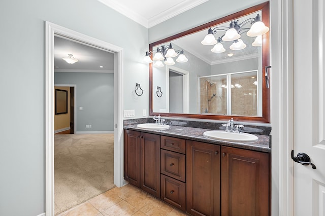 1431 Edgemoor Ave, Kalamazoo, MI 49008 - full bathroom with a shower stall, double vanity, a chandelier, tile patterned flooring, and ornamental molding