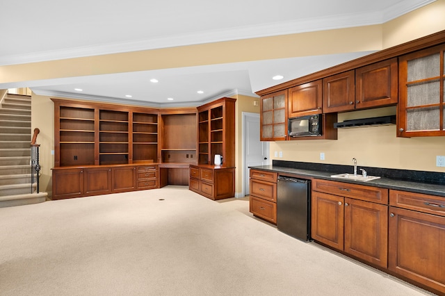 1431 Edgemoor Ave, Kalamazoo, MI 49008 - kitchen featuring open shelves, light carpet, ornamental molding, recessed lighting, and glass insert cabinets