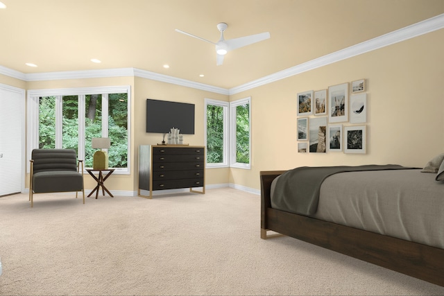 1431 Edgemoor Ave, Kalamazoo, MI 49008 - carpeted bedroom featuring multiple windows, ornamental molding, recessed lighting, and ceiling fan