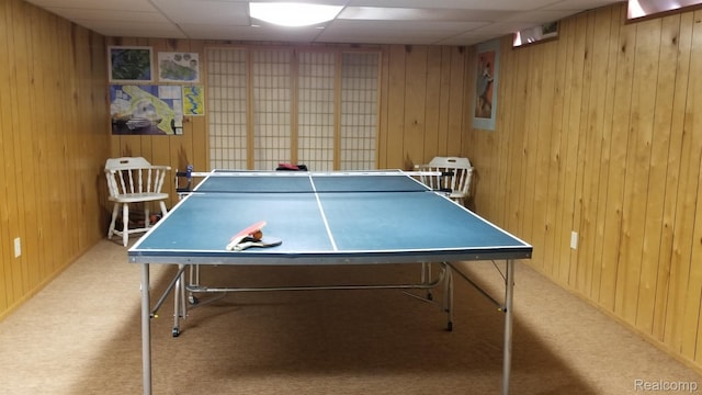 5396 Provincial Dr, Bloomfield Hills, MI 48302 - game room with wood walls, carpet, and a drop ceiling