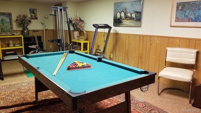 5396 Provincial Dr, Bloomfield Hills, MI 48302 - game room with billiards, carpet flooring, wainscoting, and wooden walls