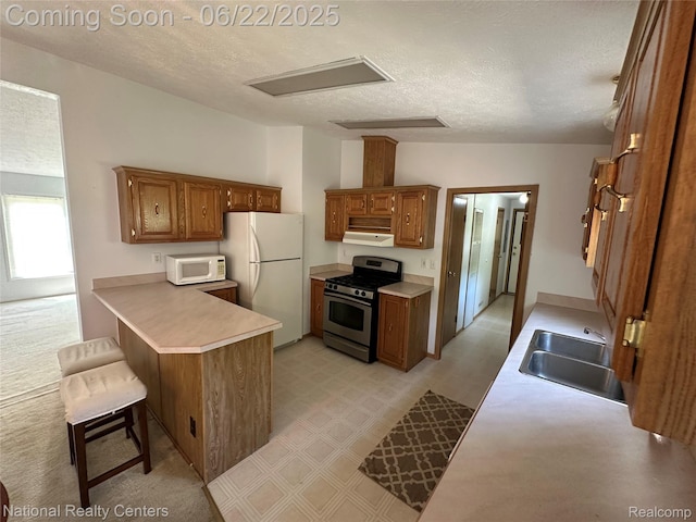 8049 Mckinley Rd, Clay, MI 48001 - kitchen with white appliances, brown cabinetry, light floors, a peninsula, and a textured ceiling