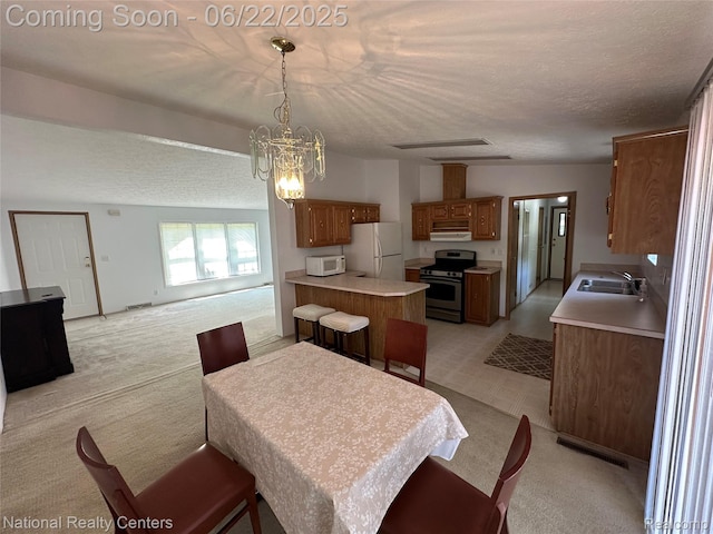 8049 Mckinley Rd, Clay, MI 48001 - dining area featuring light carpet, a chandelier, and a textured ceiling