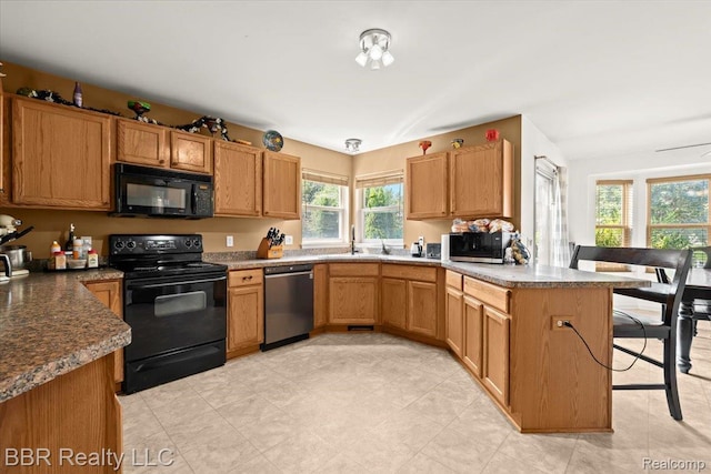 20077 Dovetail Dr, Brownstown, MI 48183 - kitchen with a peninsula and black appliances