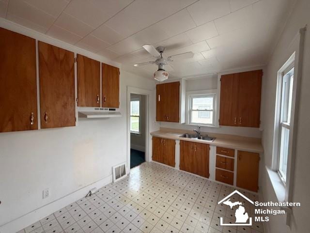 211 Huber Dr, Monroe, MI 48162 - kitchen featuring under cabinet range hood, brown cabinets, and light countertops