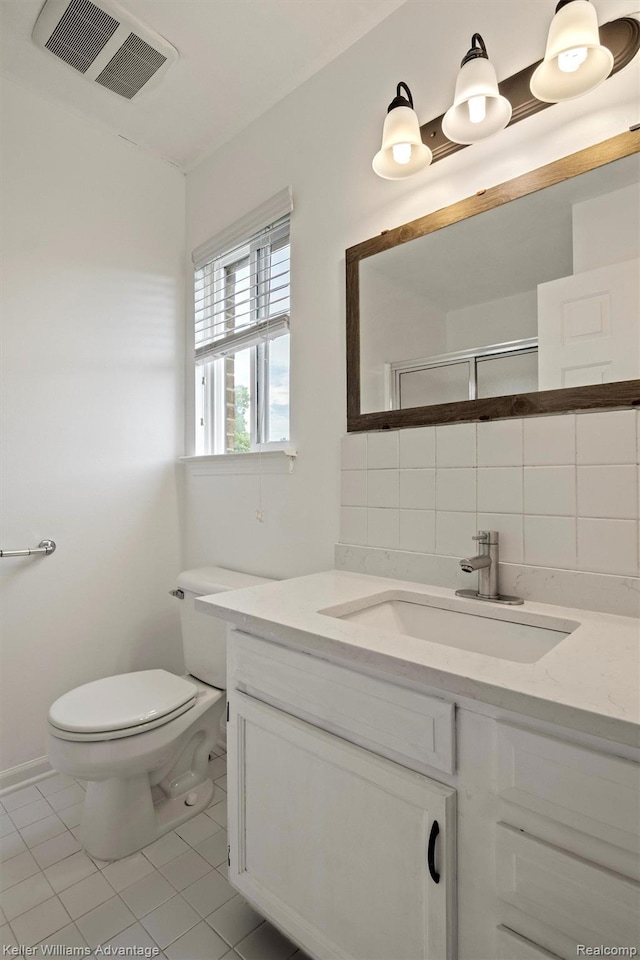 41215 Westfield Cir, Canton, MI 48188 - full bath with tile patterned flooring, vanity, decorative backsplash, and a shower with shower door