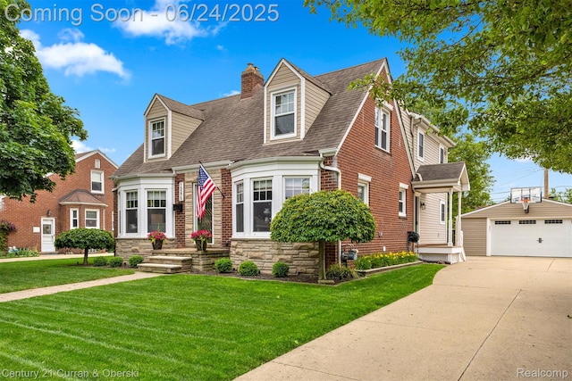 15275 Belmont Ave, Allen Park, MI 48101 - cape cod-style house with an outdoor structure, a shingled roof, a front yard, a chimney, and brick siding