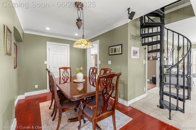 15275 Belmont Ave, Allen Park, MI 48101 - dining space featuring wood finished floors, stairs, crown molding, and recessed lighting