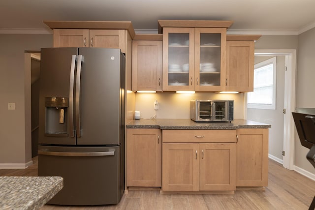 6615 Pleasantview Dr, Portage, MI 49024 - kitchen featuring stainless steel refrigerator with ice dispenser, crown molding, light brown cabinets, light wood-style floors, and glass insert cabinets