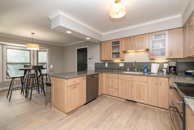 6615 Pleasantview Dr, Portage, MI 49024 - kitchen with stainless steel appliances, light brown cabinets, a peninsula, light wood-type flooring, and ornamental molding