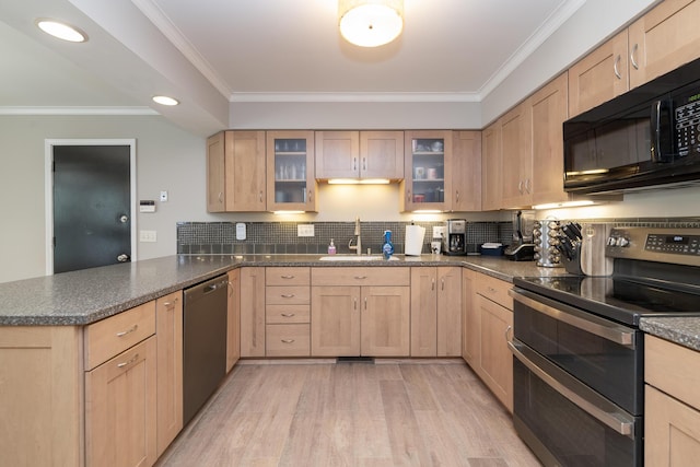 6615 Pleasantview Dr, Portage, MI 49024 - kitchen with appliances with stainless steel finishes, light brown cabinetry, a peninsula, crown molding, and light wood finished floors