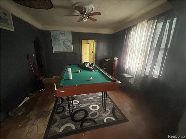 18602 Brinker St, Detroit, MI 48234 - rec room featuring wood finished floors, ceiling fan, billiards, and arched walkways