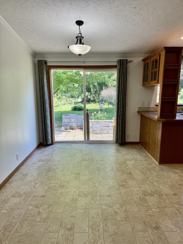 8484 Zosel St, Onekama, MI 49675 - unfurnished dining area with a textured ceiling and crown molding