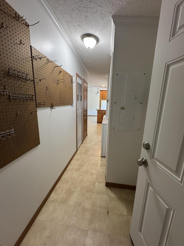 8484 Zosel St, Onekama, MI 49675 - hallway featuring electric panel, crown molding, and a textured ceiling