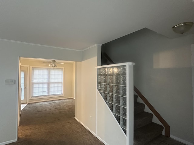 3002 Seaton Circuit N, Warren, MI 48091 - staircase featuring carpet floors, ornamental molding, and a ceiling fan