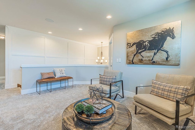 14238 Durant St, Linden, MI 48451 - living area featuring a chandelier, carpet, and recessed lighting