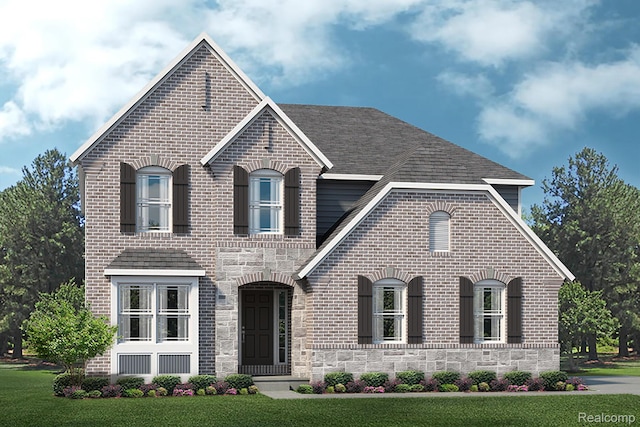14238 Durant St, Linden, MI 48451 - french country style house featuring brick siding, a front lawn, and stone siding