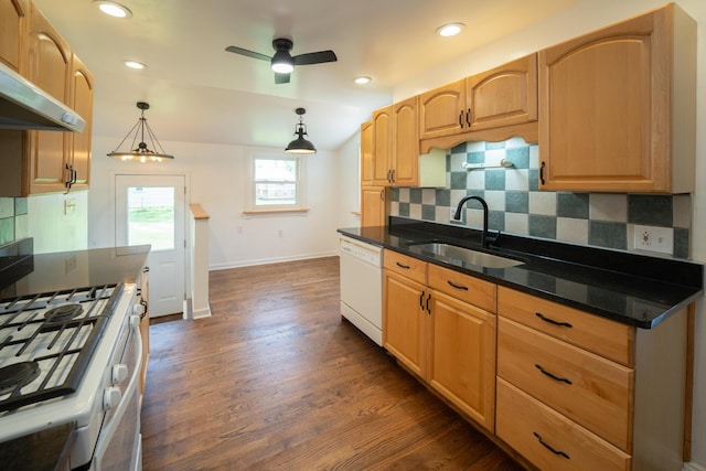 2712 Voorheis Rd, Waterford, MI 48328 - kitchen featuring white appliances, wall chimney exhaust hood, ceiling fan, decorative backsplash, and dark wood finished floors