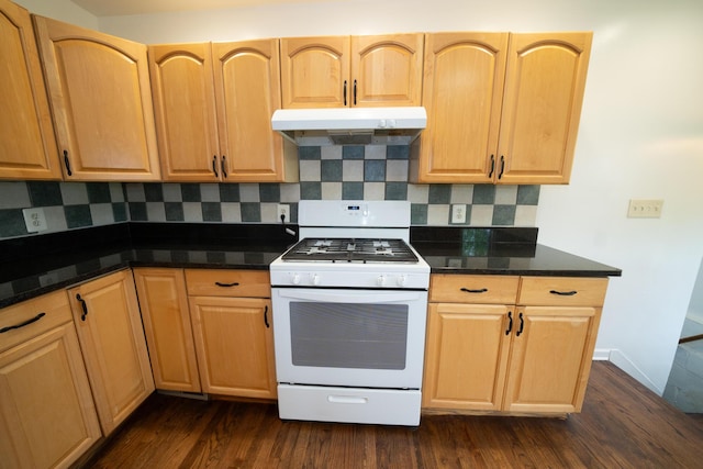 2712 Voorheis Rd, Waterford, MI 48328 - kitchen with white gas stove, under cabinet range hood, backsplash, and dark wood finished floors