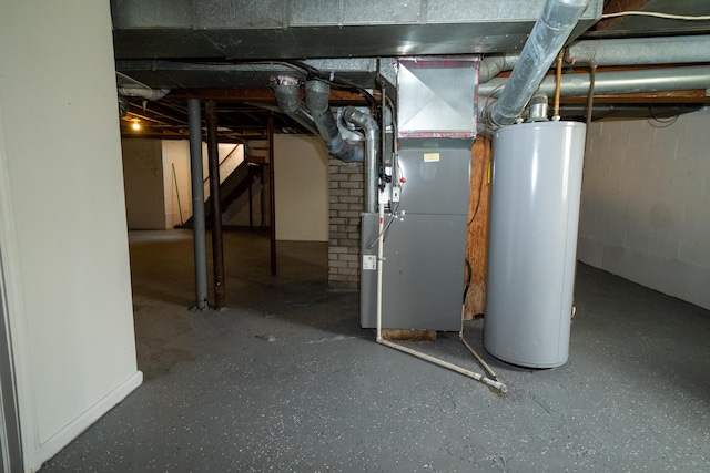 2712 Voorheis Rd, Waterford, MI 48328 - unfinished basement with water heater, heating unit, and stairway