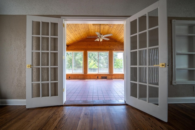 2712 Voorheis Rd, Waterford, MI 48328 - doorway to outside with a textured wall, vaulted ceiling, ceiling fan, and wood finished floors
