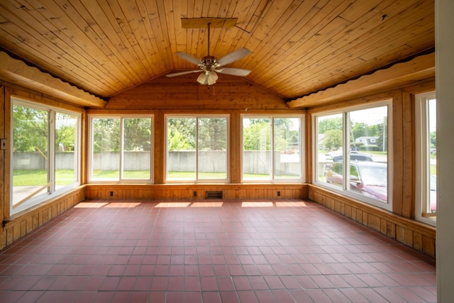2712 Voorheis Rd, Waterford, MI 48328 - unfurnished sunroom with lofted ceiling, wood ceiling, wooden walls, and tile patterned flooring