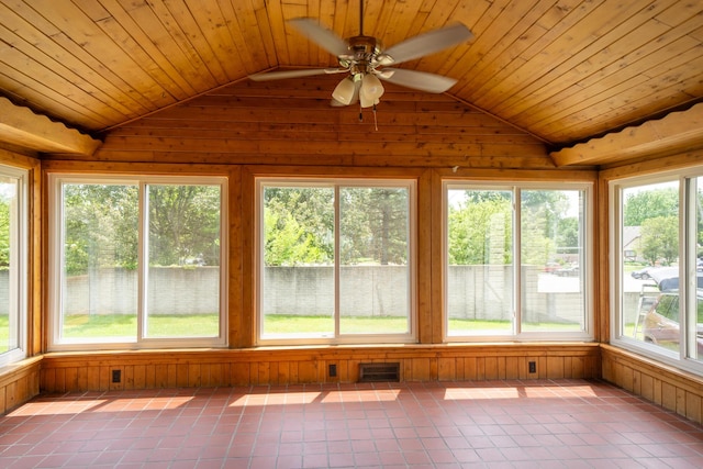 2712 Voorheis Rd, Waterford, MI 48328 - unfurnished sunroom with vaulted ceiling, wooden walls, wood ceiling, and tile patterned flooring