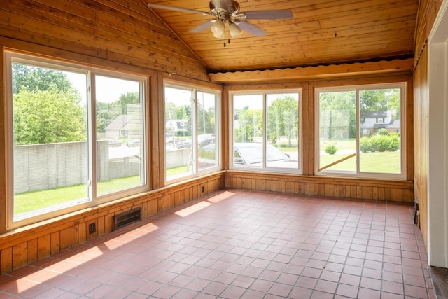 2712 Voorheis Rd, Waterford, MI 48328 - unfurnished sunroom with lofted ceiling, healthy amount of natural light, wooden walls, wooden ceiling, and tile patterned flooring